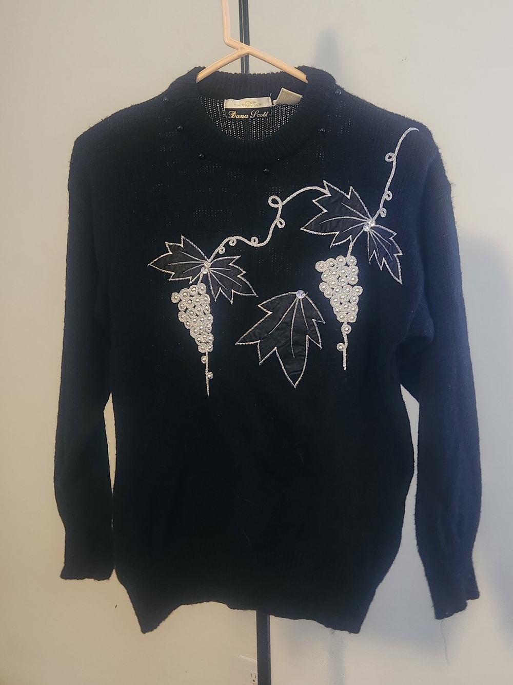 Dana Scott Black Crewneck Sweater with Sequin Grape Motif